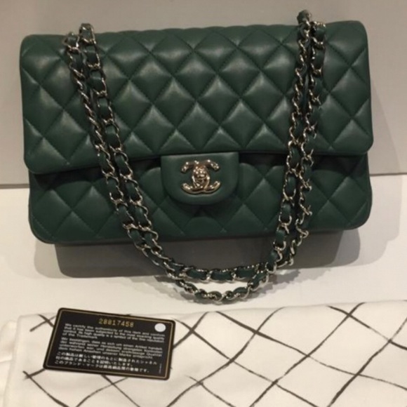 100AUTH CHANEL Green Double Silver Chain Flap Bag - Picture 10 of 10